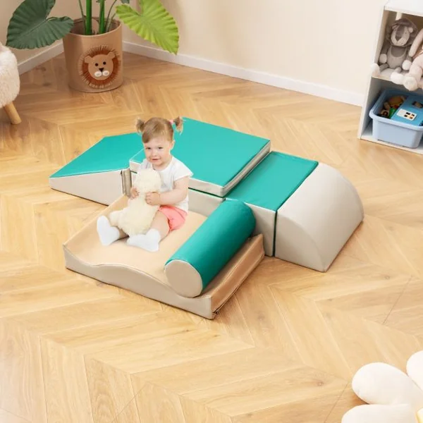 7PCS Blocs de Construction en Mousse Housse en PU Modules de Motricité pour Enfants Jouets Éducatifs 18 Mois+ pour Ramper Vert