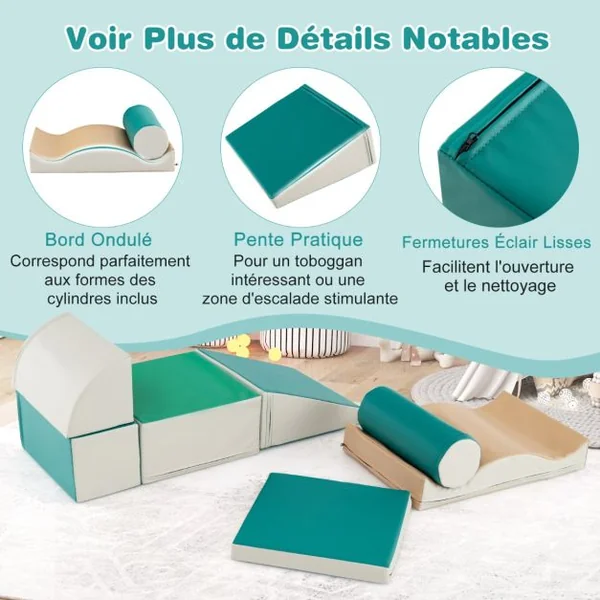 7PCS Blocs de Construction en Mousse Housse en PU Modules de Motricité pour Enfants Jouets Éducatifs 18 Mois+ pour Ramper Vert