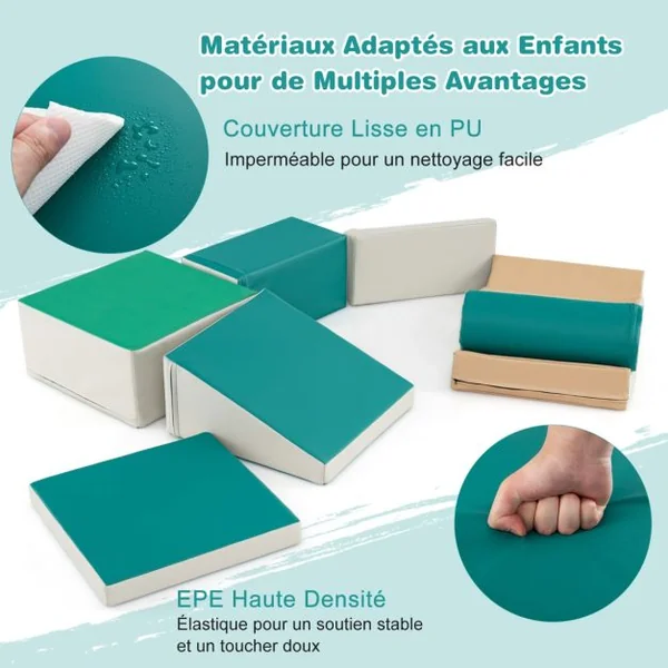 7PCS Blocs de Construction en Mousse Housse en PU Modules de Motricité pour Enfants Jouets Éducatifs 18 Mois+ pour Ramper Vert