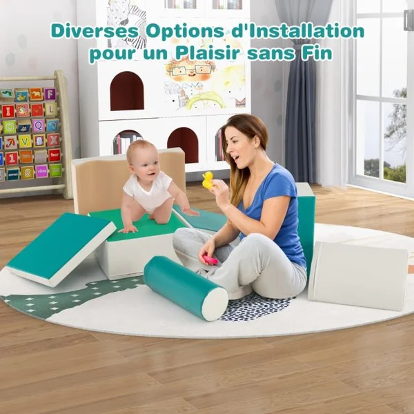 7PCS Blocs de Construction en Mousse Housse en PU Modules de Motricité pour Enfants Jouets Éducatifs 18 Mois+ pour Ramper Vert