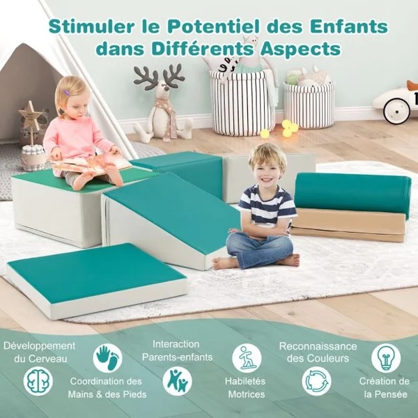 7PCS Blocs de Construction en Mousse Housse en PU Modules de Motricité pour Enfants Jouets Éducatifs 18 Mois+ pour Ramper Vert