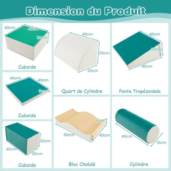 7PCS Blocs de Construction en Mousse Housse en PU Modules de Motricité pour Enfants Jouets Éducatifs 18 Mois+ pour Ramper Vert