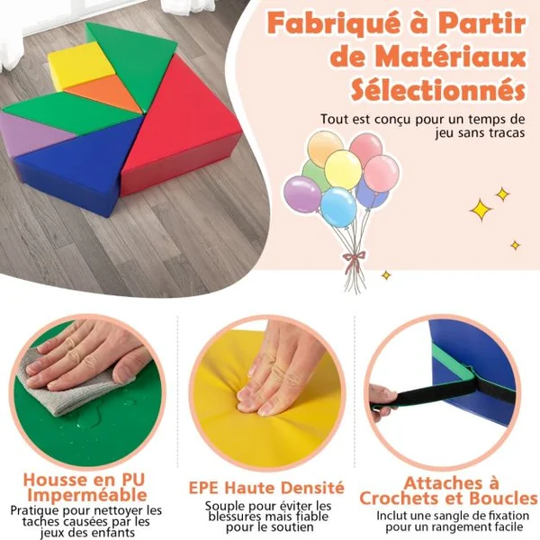 7PCS Modules de Motricitéen Mousse avec Housse en PU Blocs de Construction d’Escalade Doux Couleurs Vives 18 Mois+