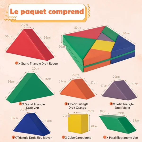 7PCS Modules de Motricitéen Mousse avec Housse en PU Blocs de Construction d’Escalade Doux Couleurs Vives 18 Mois+