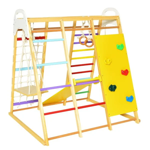 8 en 1 Aire de Jeu en Bois avec Toboggan Réversible Ensemble de Jeu d’Escalade Protique avec Balançoire Rocher d’Escalade Charge 240KG Naturel