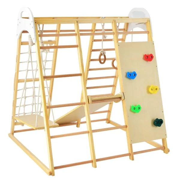 8 en 1 Aire de Jeu en Bois avec Toboggan Réversible Ensemble de Jeu d’Escalade Protique avec Balançoire Rocher d’Escalade Charge 240KG Naturel