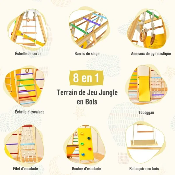 8 en 1 Aire de Jeu en Bois avec Toboggan Réversible Ensemble de Jeu d’Escalade Protique avec Balançoire Rocher d’Escalade Charge 240KG Naturel