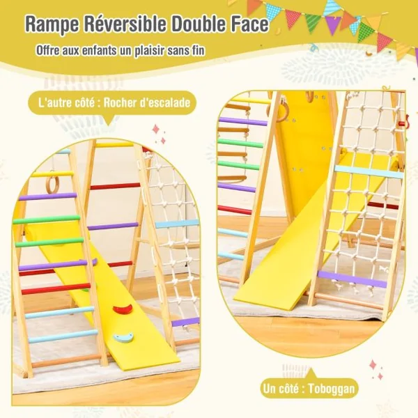 8 en 1 Aire de Jeu en Bois avec Toboggan Réversible Ensemble de Jeu d’Escalade Protique avec Balançoire Rocher d’Escalade Charge 240KG Naturel