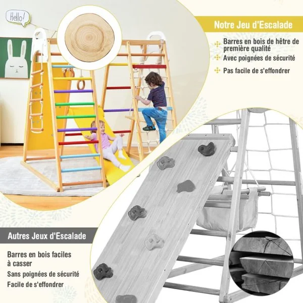 8 en 1 Aire de Jeu en Bois avec Toboggan Réversible Ensemble de Jeu d’Escalade Protique avec Balançoire Rocher d’Escalade Charge 240KG Naturel