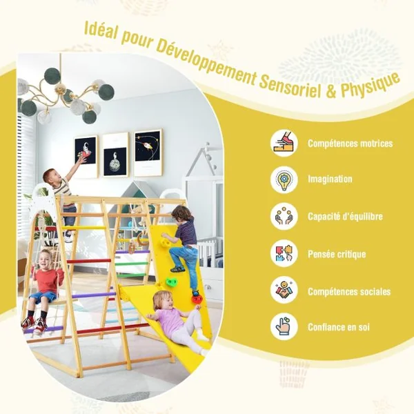 8 en 1 Aire de Jeu en Bois avec Toboggan Réversible Ensemble de Jeu d’Escalade Protique avec Balançoire Rocher d’Escalade Charge 240KG Naturel