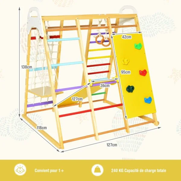 8 en 1 Aire de Jeu en Bois avec Toboggan Réversible Ensemble de Jeu d’Escalade Protique avec Balançoire Rocher d’Escalade Charge 240KG Naturel