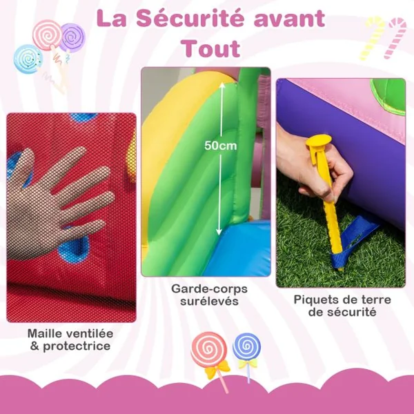 9 en 1 Château Gonflable en Forme Bonbons avec Toboggan Maison de Saut Gonflable avec Pistolet à Eau Charge 90kg pour 2 Enfants de 3-10 Ans