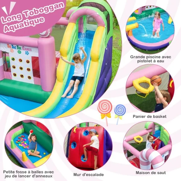 9 en 1 Château Gonflable en Forme Bonbons avec Toboggan Maison de Saut Gonflable avec Pistolet à Eau Charge 90kg pour 2 Enfants de 3-10 Ans