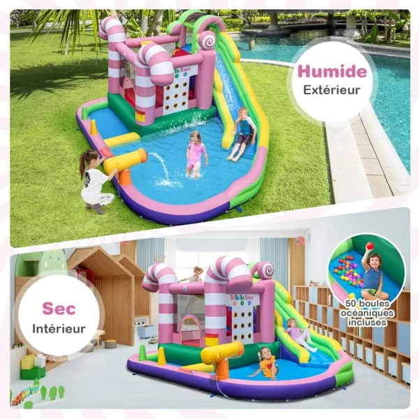 9 en 1 Château Gonflable en Forme Bonbons avec Toboggan Maison de Saut Gonflable avec Pistolet à Eau Charge 90kg pour 2 Enfants de 3-10 Ans