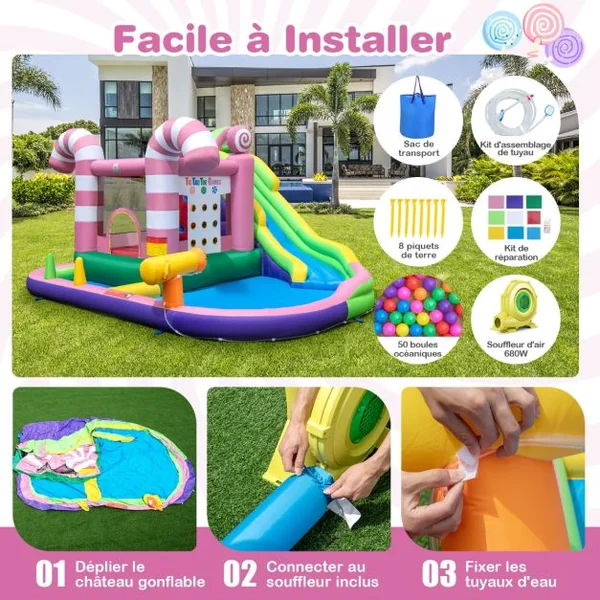 9 en 1 Château Gonflable en Forme Bonbons avec Toboggan Maison de Saut Gonflable avec Pistolet à Eau Charge 90kg pour 2 Enfants de 3-10 Ans