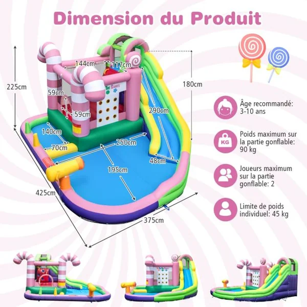 9 en 1 Château Gonflable en Forme Bonbons avec Toboggan Maison de Saut Gonflable avec Pistolet à Eau Charge 90kg pour 2 Enfants de 3-10 Ans