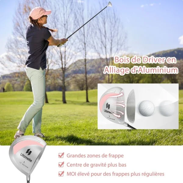 9 Pièces Clubs de Golf pour Femmes Droitière Driver en Alliage Rose