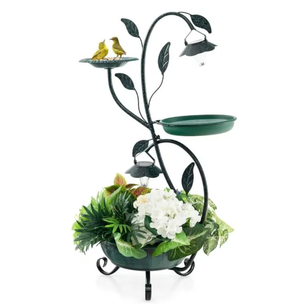 Abreuvoir Oiseaux Énergie Solaire 83CM Bain d'Oiseaux et Mangeoire sur Pied avec Support pour Fleurs et 2 Lumières LED Décoratif Bronze