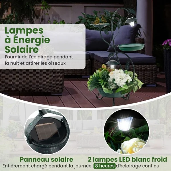 Abreuvoir Oiseaux Énergie Solaire 83CM Bain d'Oiseaux et Mangeoire sur Pied avec Support pour Fleurs et 2 Lumières LED Décoratif Bronze