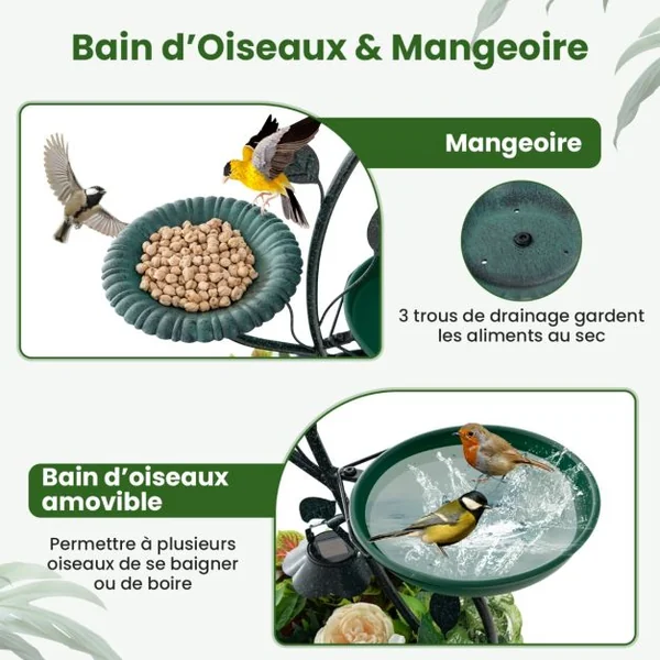 Abreuvoir Oiseaux Énergie Solaire 83CM Bain d'Oiseaux et Mangeoire sur Pied avec Support pour Fleurs et 2 Lumières LED Décoratif Bronze