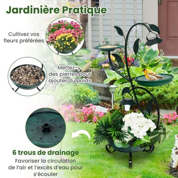 Abreuvoir Oiseaux Énergie Solaire 83CM Bain d'Oiseaux et Mangeoire sur Pied avec Support pour Fleurs et 2 Lumières LED Décoratif Bronze
