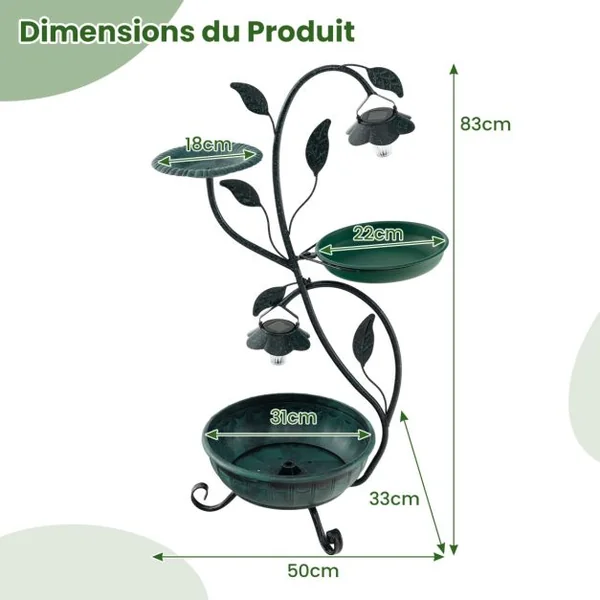 Abreuvoir Oiseaux Énergie Solaire 83CM Bain d'Oiseaux et Mangeoire sur Pied avec Support pour Fleurs et 2 Lumières LED Décoratif Bronze