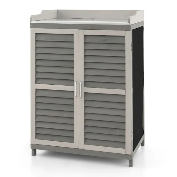 Abri de Jardin avec 2 Portes Magnétiques Étagère et Plateau en Métal Plaqué Cabane de Rangement en Bois de Sapin 67 x 47 x 100 cm Gris