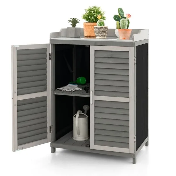 Abri de Jardin avec 2 Portes Magnétiques Étagère et Plateau en Métal Plaqué Cabane de Rangement en Bois de Sapin 67 x 47 x 100 cm Gris