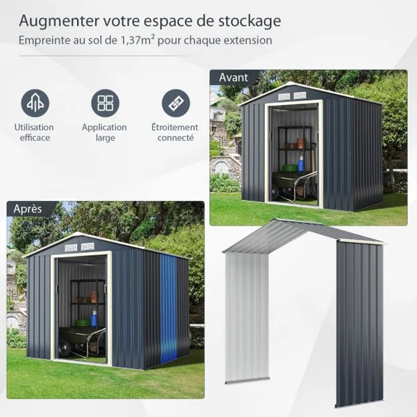 Abri de Jardin en Métal 4,07 ㎡ 213 x 191 x 195 cm/2,71 ㎡ 213 x 127 x 195 cm/1.36 ㎡ 213 x 64 x 195 cm avec 2 Portes Coulissantes Verrouillables 4 Trous d’Aération Gris pour Vélo