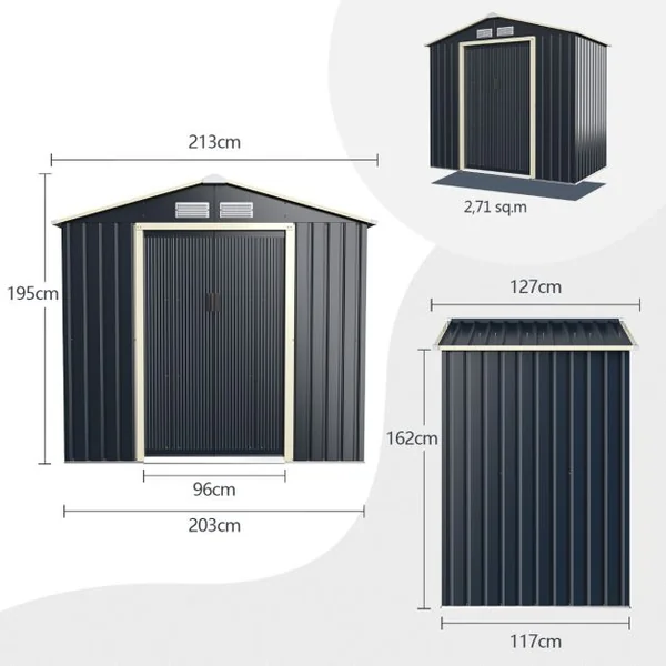 Abri de Jardin en Métal 4,07 ㎡ 213 x 191 x 195 cm/2,71 ㎡ 213 x 127 x 195 cm/1.36 ㎡ 213 x 64 x 195 cm avec 2 Portes Coulissantes Verrouillables 4 Trous d’Aération Gris pour Vélo