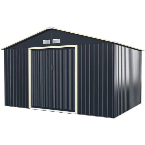 Abri de Jardin en Métal 8,67 ㎡ 340 x 255 x 210 cm avec 2 Portes Coulissantes Verrouillables 4 Trous d’Aération Gris pour Vélo