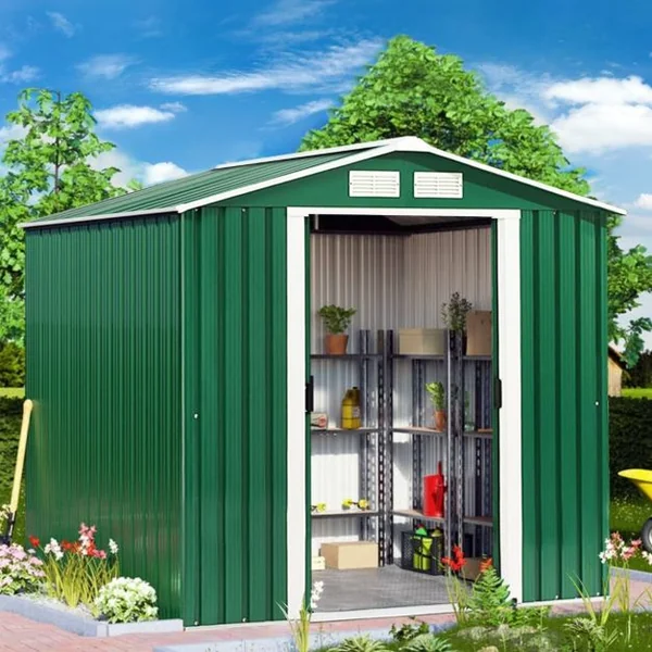 Abri de Jardin en Métal Cabane de Jardin Cabane à Outils en Tôle Galvanisée 2 Portes 2 Fenêtres 213x127x185cm Gris/Vert