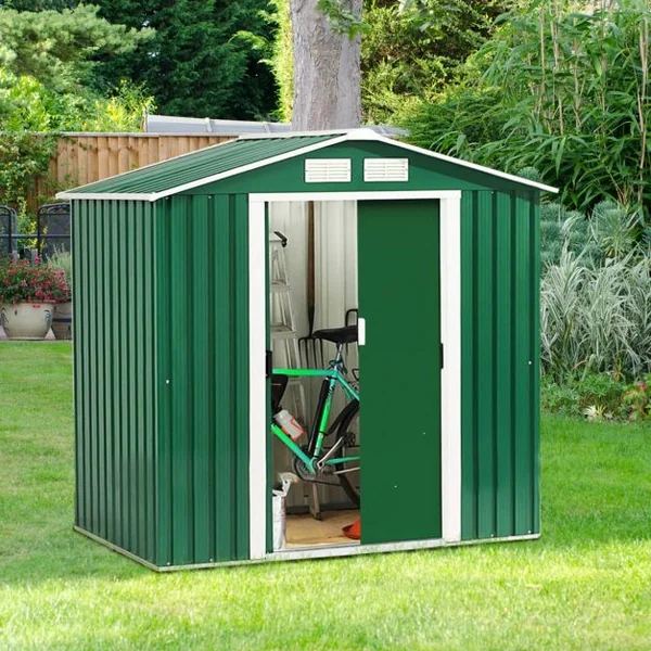 Abri de Jardin en Métal Cabane de Jardin Cabane à Outils en Tôle Galvanisée 2 Portes 2 Fenêtres 213x127x185cm Gris/Vert