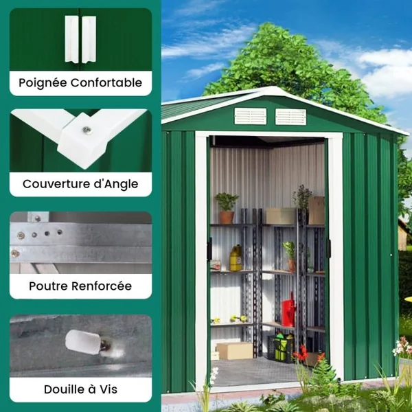 Abri de Jardin en Métal Cabane de Jardin Cabane à Outils en Tôle Galvanisée 2 Portes 2 Fenêtres 213x127x185cm Gris/Vert