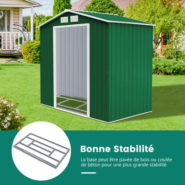 Abri de Jardin en Métal Cabane de Jardin Cabane à Outils en Tôle Galvanisée 2 Portes 2 Fenêtres 213x127x185cm Gris/Vert