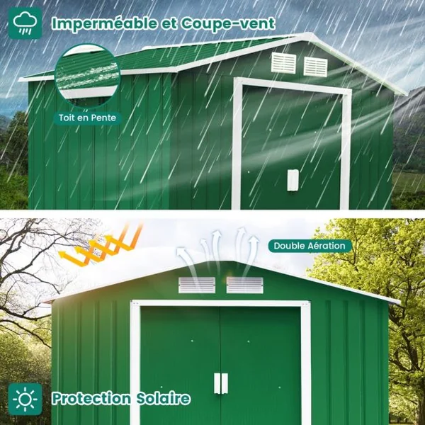 Abri de Jardin en Métal Cabane de Jardin Cabane à Outils en Tôle Galvanisée 2 Portes 2 Fenêtres 213x127x185cm Gris/Vert
