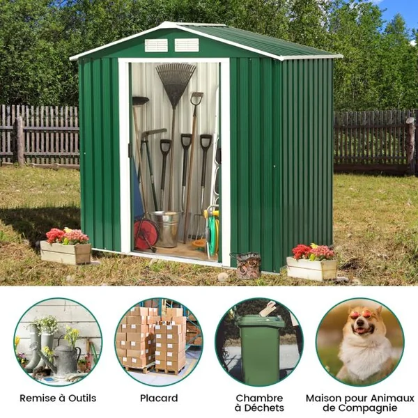 Abri de Jardin en Métal Cabane de Jardin Cabane à Outils en Tôle Galvanisée 2 Portes 2 Fenêtres 213x127x185cm Gris/Vert