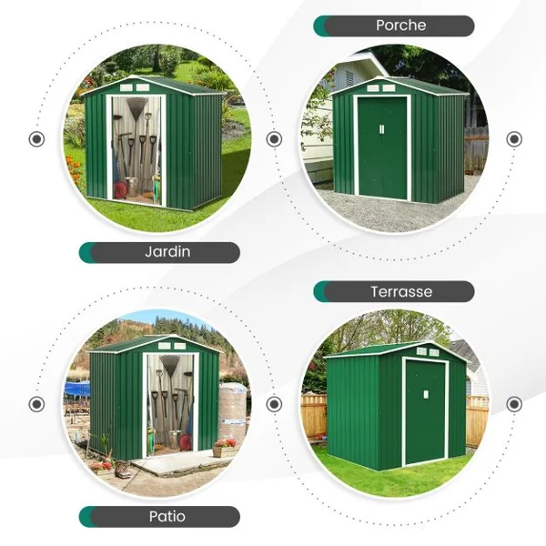 Abri de Jardin en Métal Cabane de Jardin Cabane à Outils en Tôle Galvanisée 2 Portes 2 Fenêtres 213x127x185cm Gris/Vert