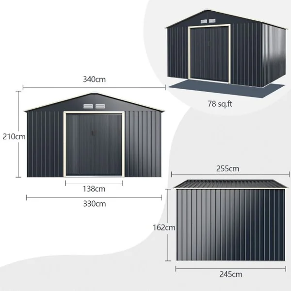 Abri de Jardin en Métal & Extension 10.85㎡ avec 2 Portes Coulissantes Verrouillables 4 Trous d’Aération Gris pour Vélo