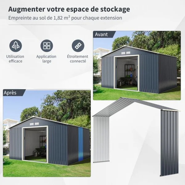 Abri de Jardin en Métal & Extension 10.85㎡ avec 2 Portes Coulissantes Verrouillables 4 Trous d’Aération Gris pour Vélo