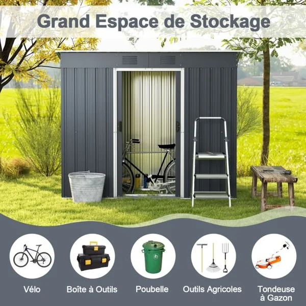 Abri de Jardin Métal 2,4 ㎡ Toit Monopente Cabane de Jardin 2 Portes Coulissantes Verrouillables Fondation 2 Trous d'Aération Gris