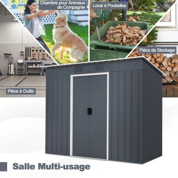 Abri de Jardin Métal 2,4 ㎡ Toit Monopente Cabane de Jardin 2 Portes Coulissantes Verrouillables Fondation 2 Trous d'Aération Gris