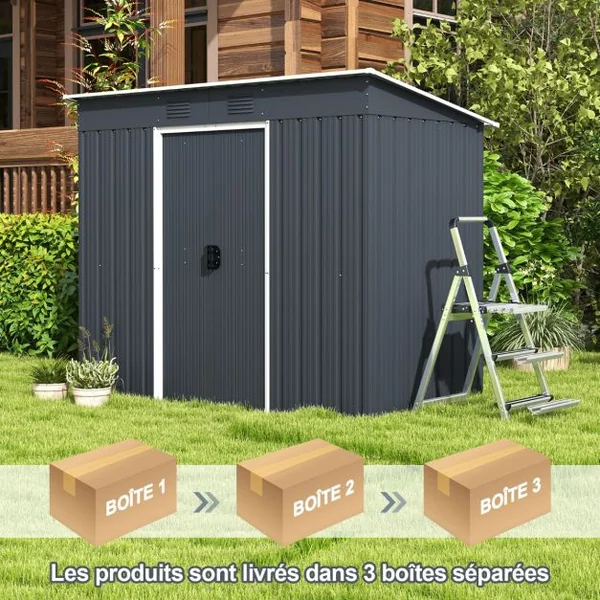Abri de Jardin Métal 2,4 ㎡ Toit Monopente Cabane de Jardin 2 Portes Coulissantes Verrouillables Fondation 2 Trous d'Aération Gris