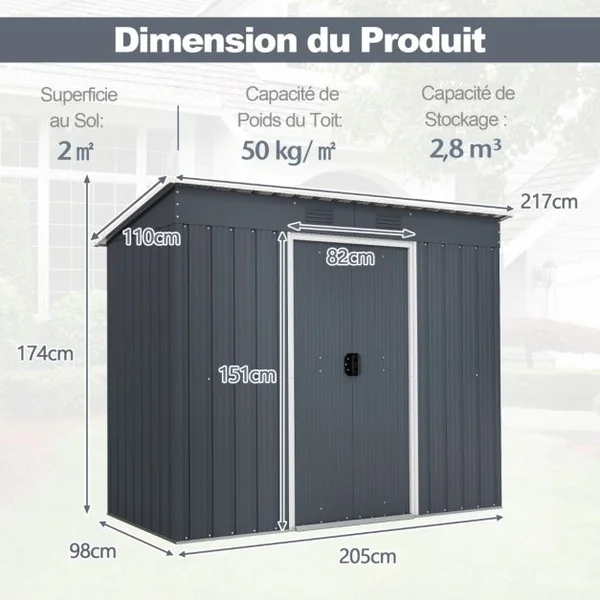 Abri de Jardin Métal 2,4 ㎡ Toit Monopente Cabane de Jardin 2 Portes Coulissantes Verrouillables Fondation 2 Trous d'Aération Gris