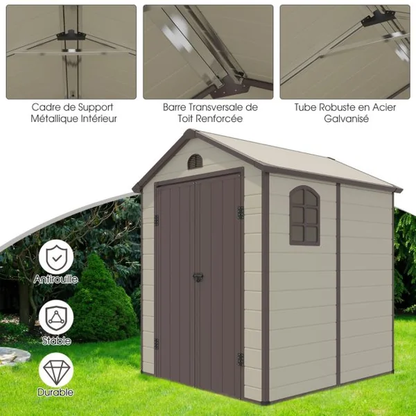 Abri de Jardin Métal 8,3 M³ 192 x 190 x 226 cm avec 2 Porte à Charnières Aérations 2 Fenêtres Transparentes Rampe de Porte Beige