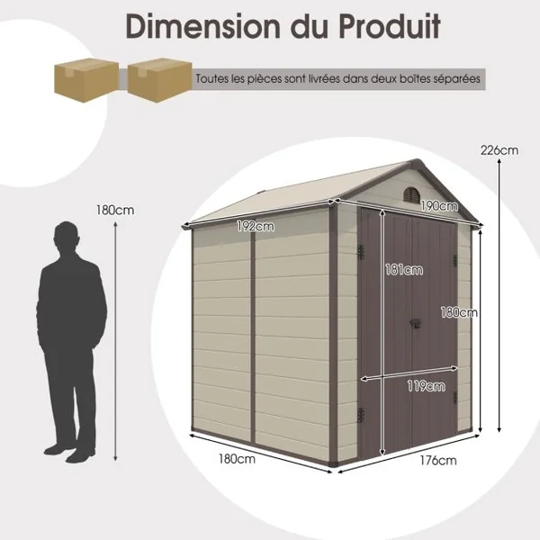Abri de Jardin Métal 8,3 M³ 192 x 190 x 226 cm avec 2 Porte à Charnières Aérations 2 Fenêtres Transparentes Rampe de Porte Beige