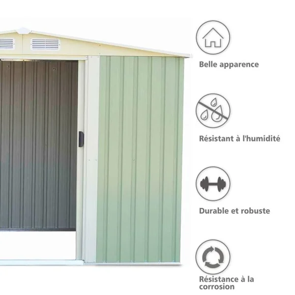 Abri de Jardin pour Stockage avec Porte Coulissante Bouche d’Aération Toit Galvanisé pour des Charges lourdes abri de Stockage Vert 205 x 257x 175,5 CM