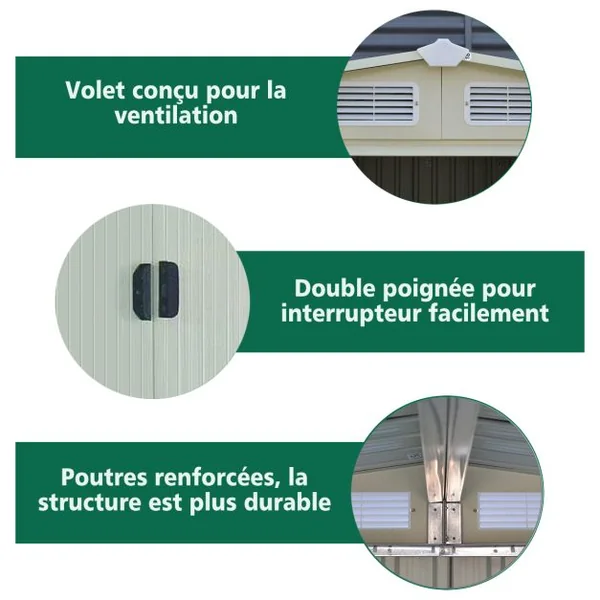 Abri de Jardin pour Stockage avec Porte Coulissante Bouche d’Aération Toit Galvanisé pour des Charges lourdes abri de Stockage Vert 205 x 257x 175,5 CM