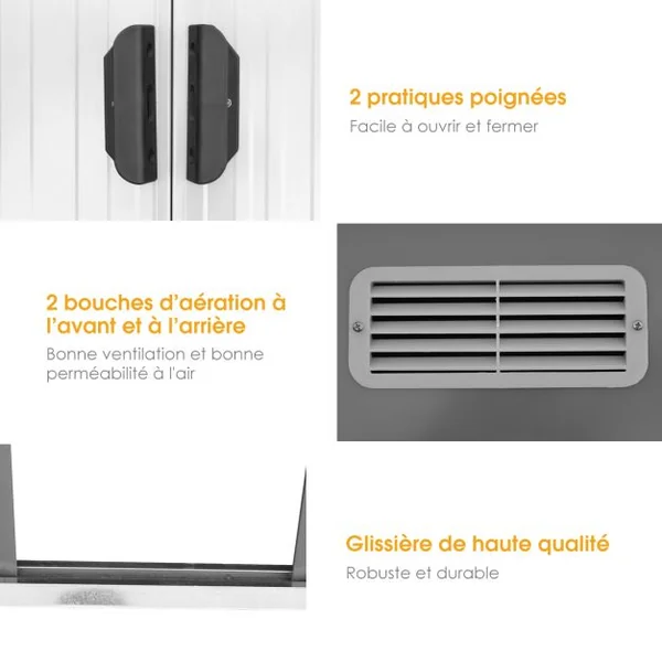 Abri de Jardin à l'Extérieur en Acier Galvanisé avec 2 Portes,4 Bouches d'Aération pour Stocker Outils 238 x 131 x 181CM Gris+Blanc
