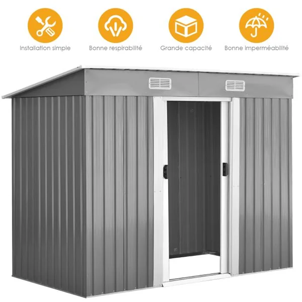 Abri de Jardin à l'Extérieur en Acier Galvanisé avec 2 Portes,4 Bouches d'Aération pour Stocker Outils 238 x 131 x 181CM Gris+Blanc